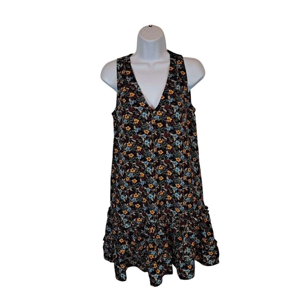 BCBG Paris Women's V-Neck Dress Size XS Floral Ruffle Sleeveless Keyhole Lined